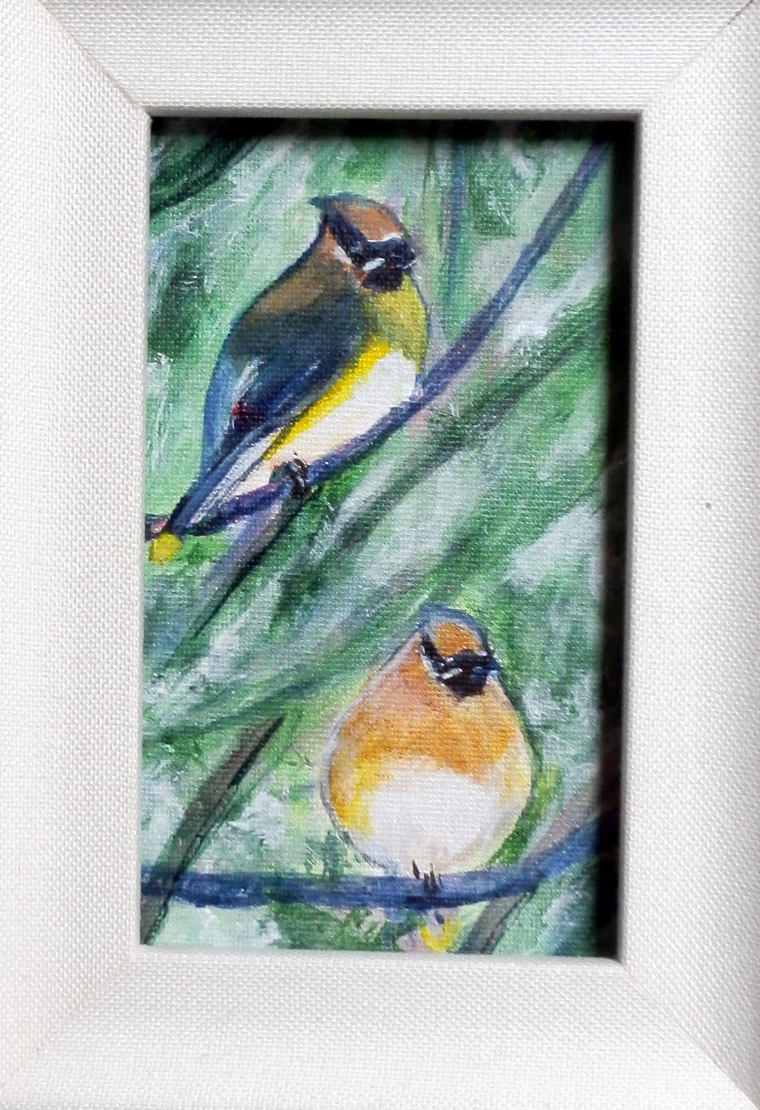 Cedar Waxwing couple acrylic painting by artist DJ Geribo